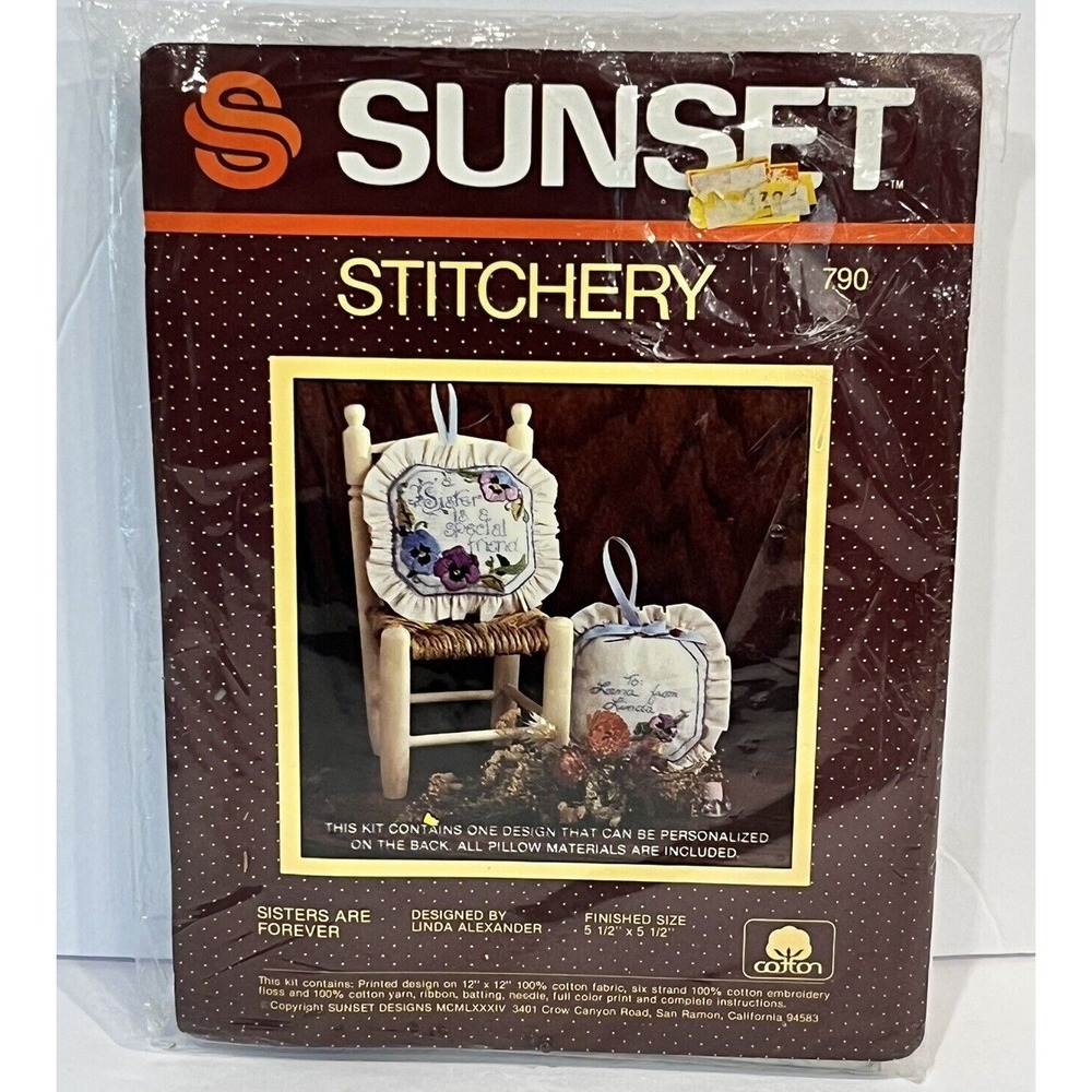 VTG Sunset Stitchery Sisters Are Forever Embroidery Kit Model 790 Cottage Granny